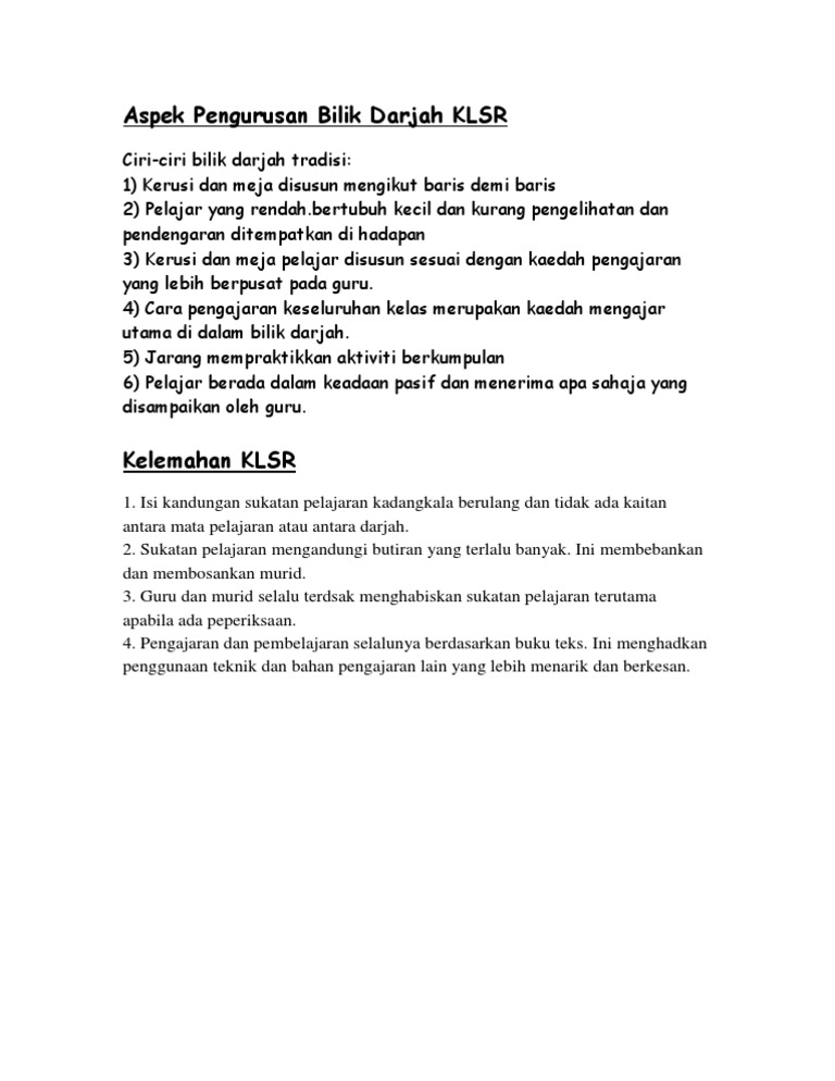 Aspek Pengurusan Bilik Darjah Klsr