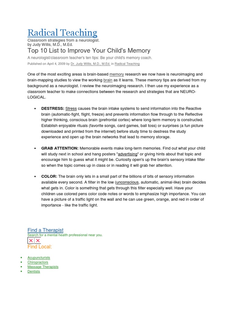 Top 10 Memory Tips for Kids | PDF