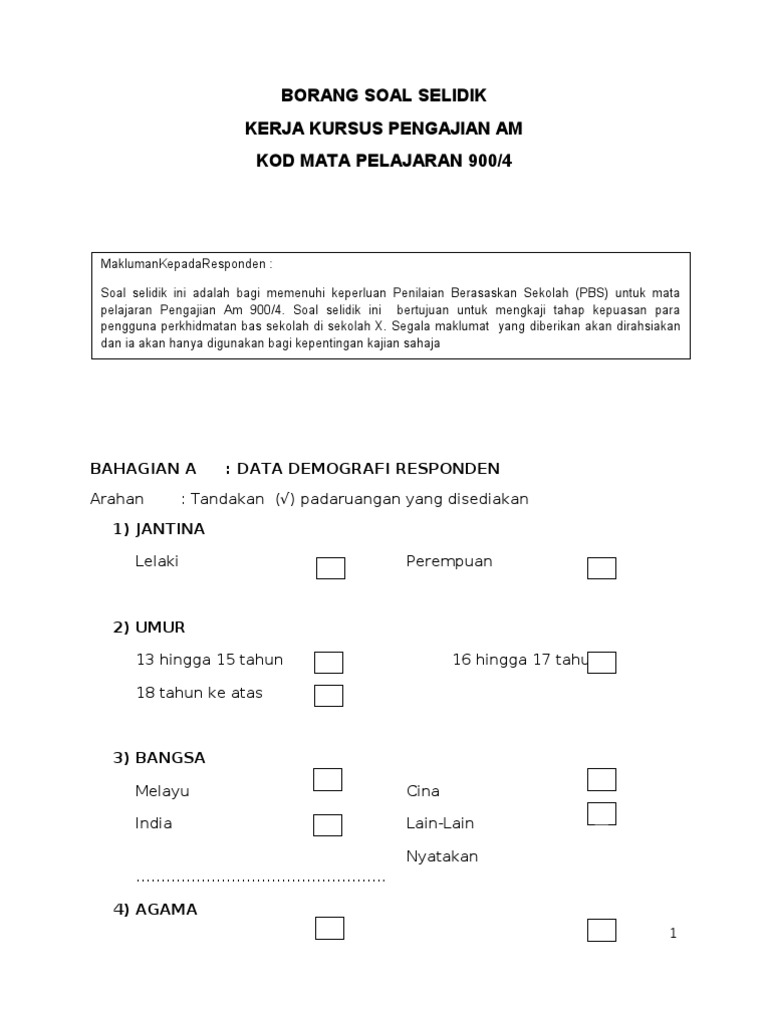 Borang Soal Selidik Borang Soal Selidik