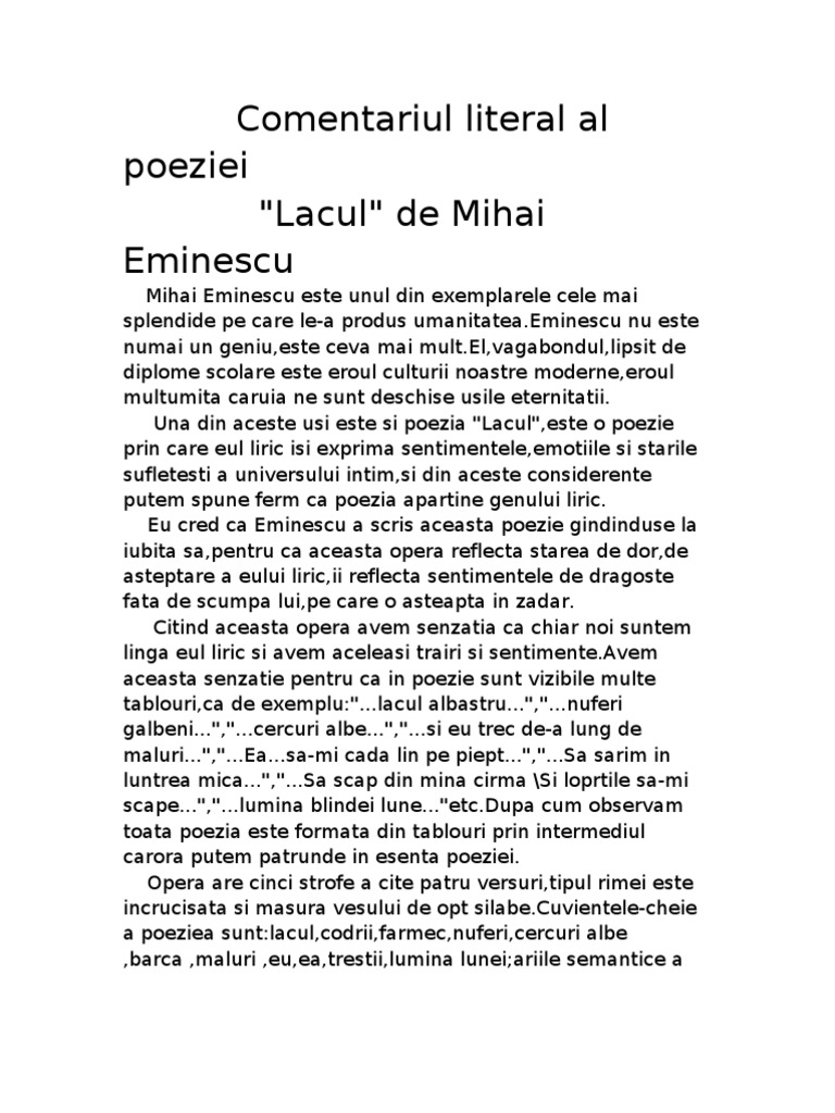 Poezia Lacul De Mihai Eminescu Comentariu Literar Al Poeziei "Lacul" de Mihai Eminescu