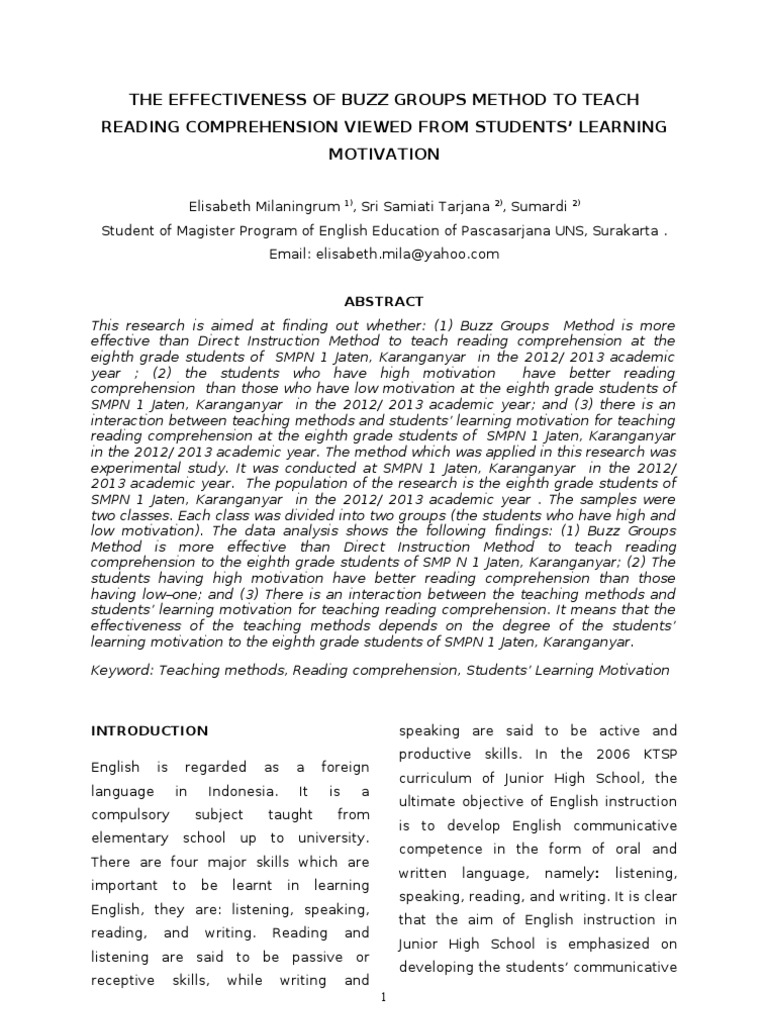 Buzz Groups Method in Reading Comprehension | PDF | Reading ...