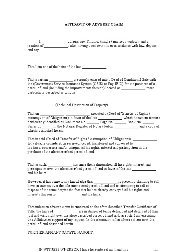 Affidavit of Adverse Claim Template | PDF | Affidavit | Deed