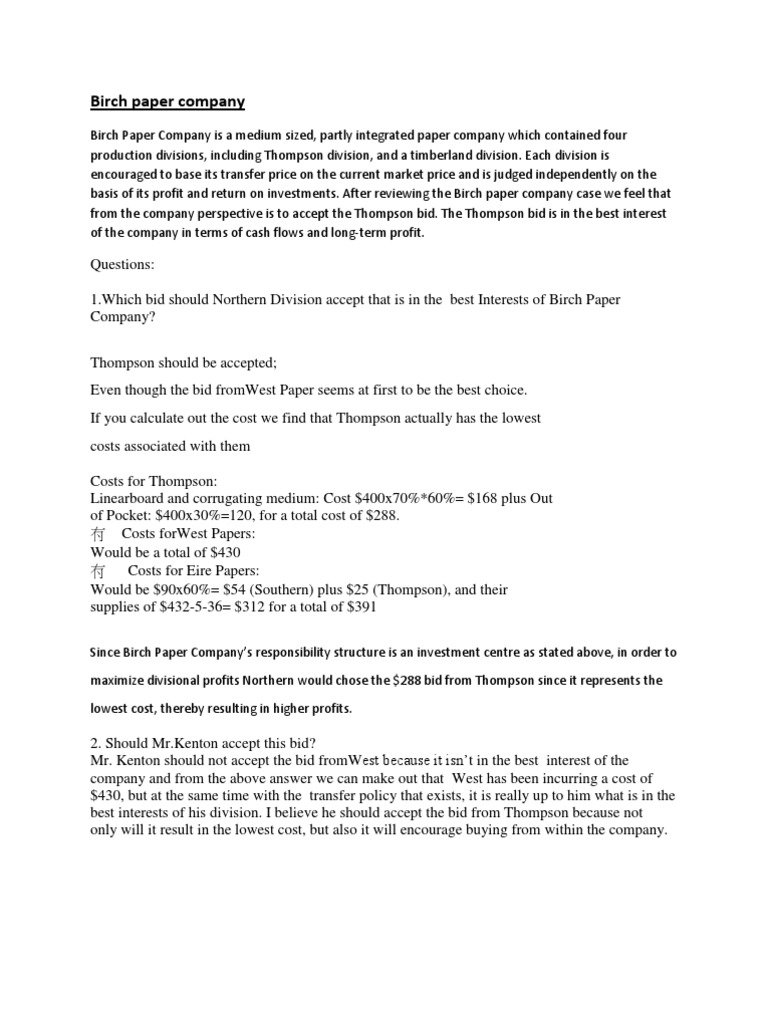 Birch Paper Co. PDF Profit (Economics) Prices