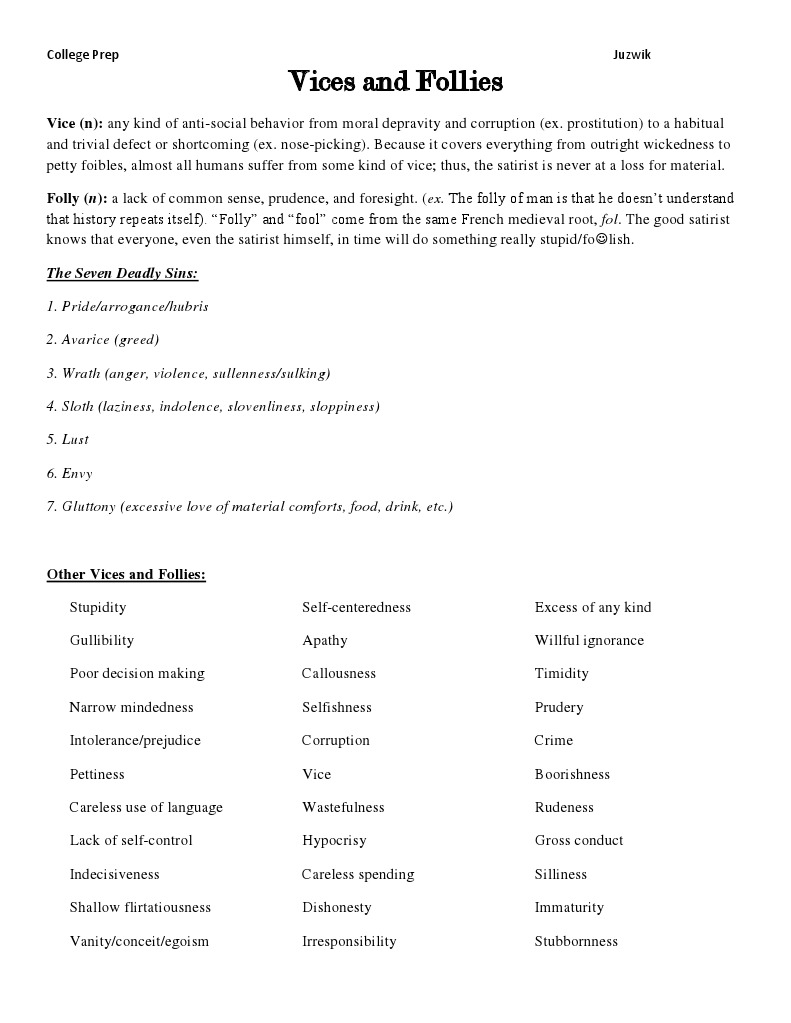 Understanding Vices and Follies | PDF | Satire | Seven Deadly Sins