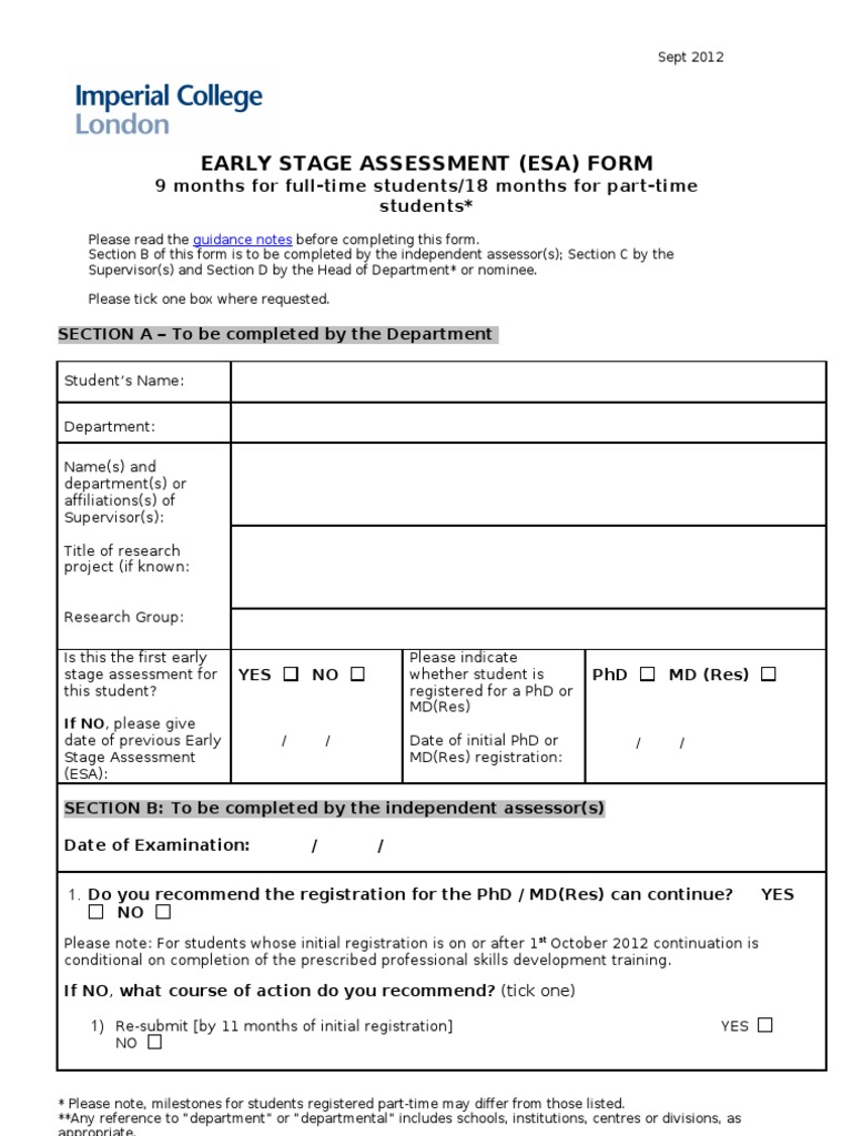 Early Stage Assessment Form | PDF | Doctor Of Philosophy | Graduate School