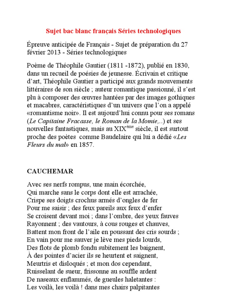 Sujet Bac Blanc Français 2023 Bac Blanc Francais Techno | PDF | Poésie