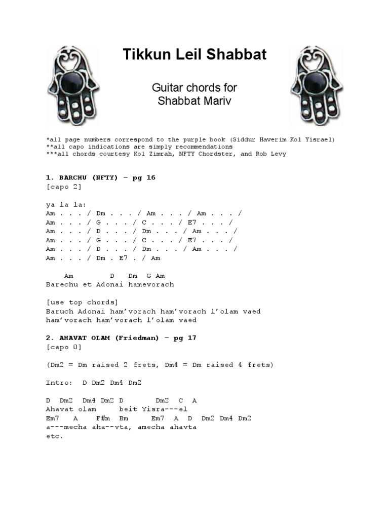 TLS Shabbat Mariv Guitar Chords Jewish Texts Jewish Behaviour And