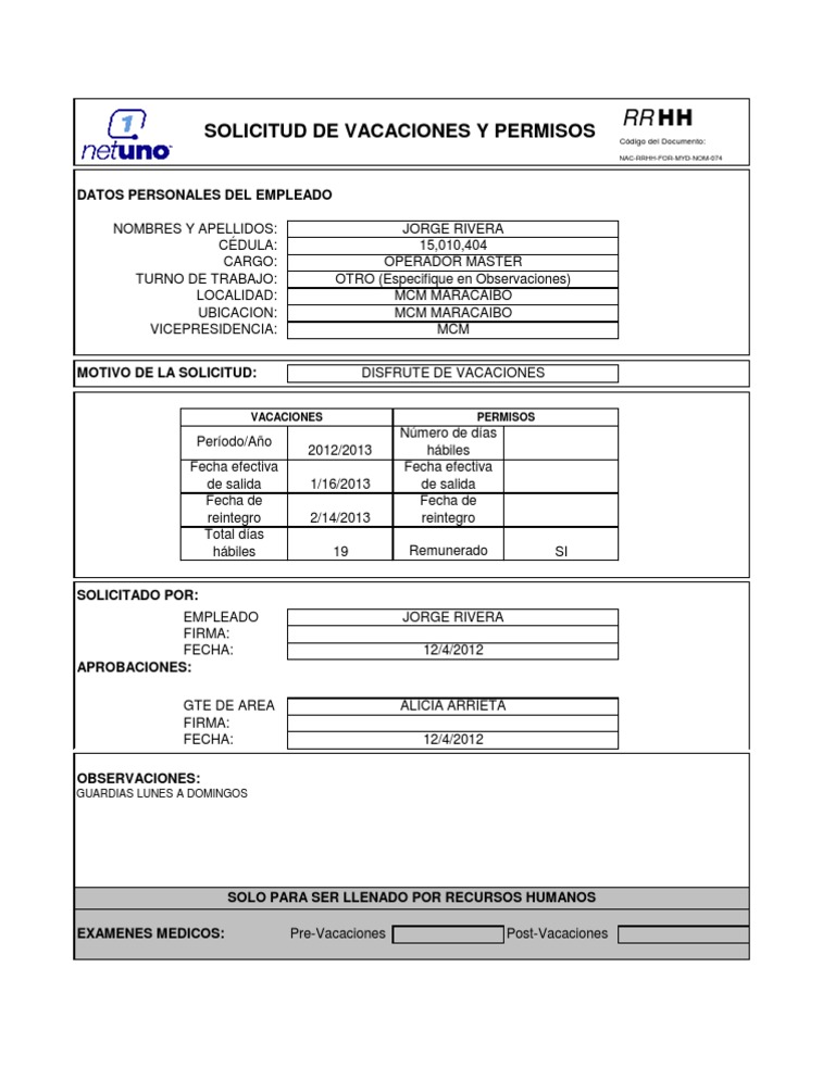 Formato de Vacaciones PDF