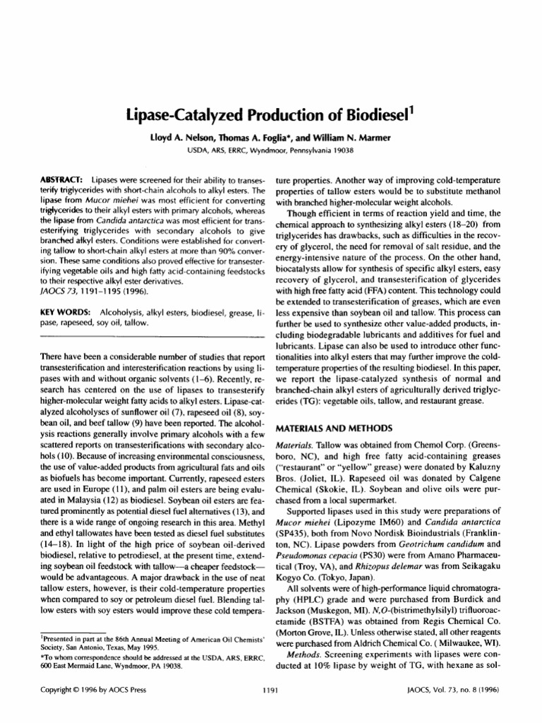 LipaseCatalyzed Production of Biodiesel PDF Biodiesel Alcohol