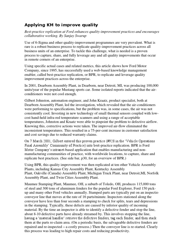 Applying KM To Improve Quality PDF Ford Motor Company Quality