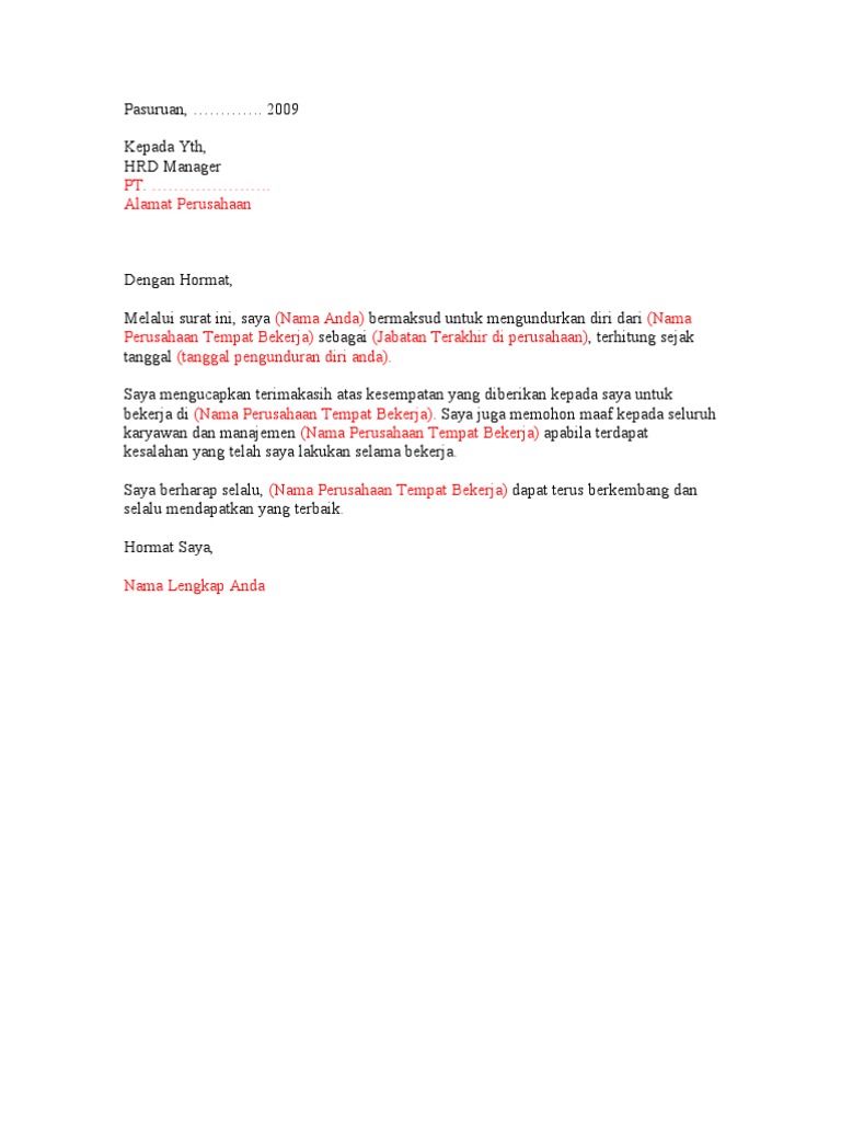 Contoh Surat Resign