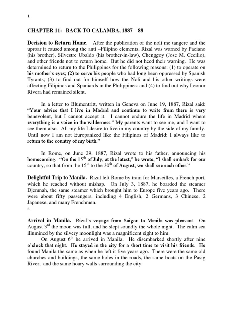 Rizal's Return to Calamba in 1887 | PDF