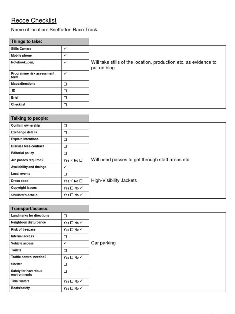 Recce Checklist: Name of Location: Snetterton Race Track | PDF