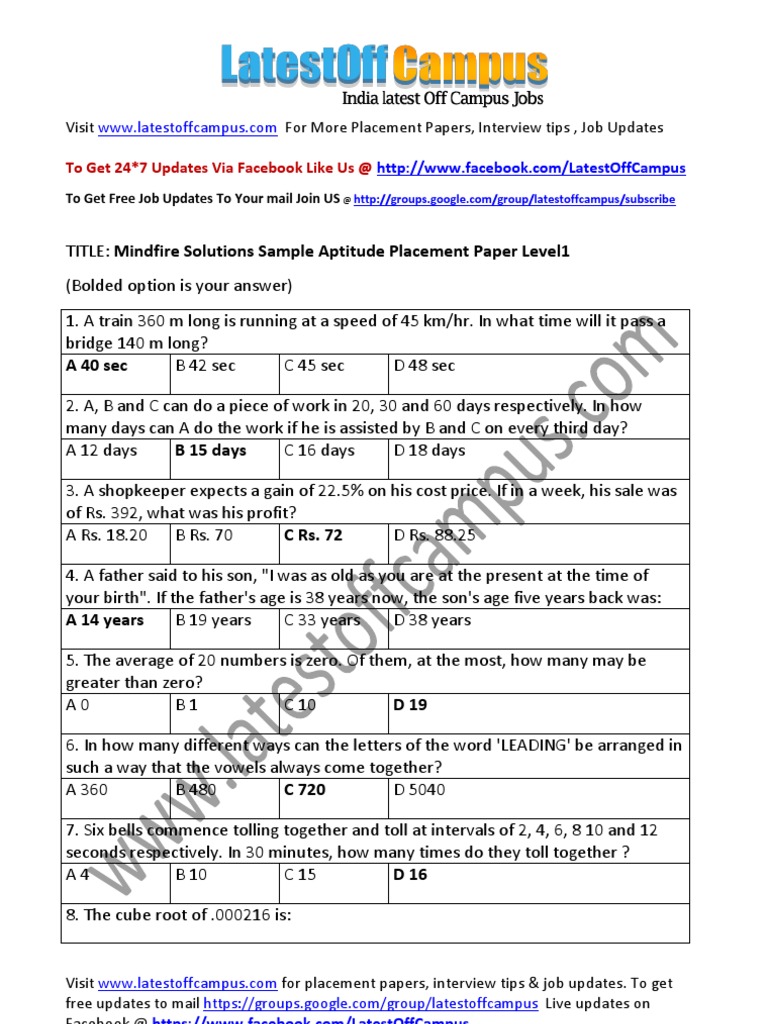 Mindfire Solutions Sample Aptitude Placement Paper Level1 | PDF ...
