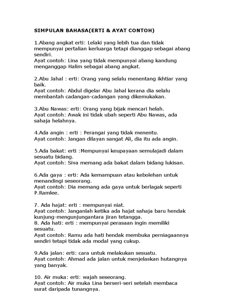 36 Contoh Ayat Simpulan Bahasa Pdf