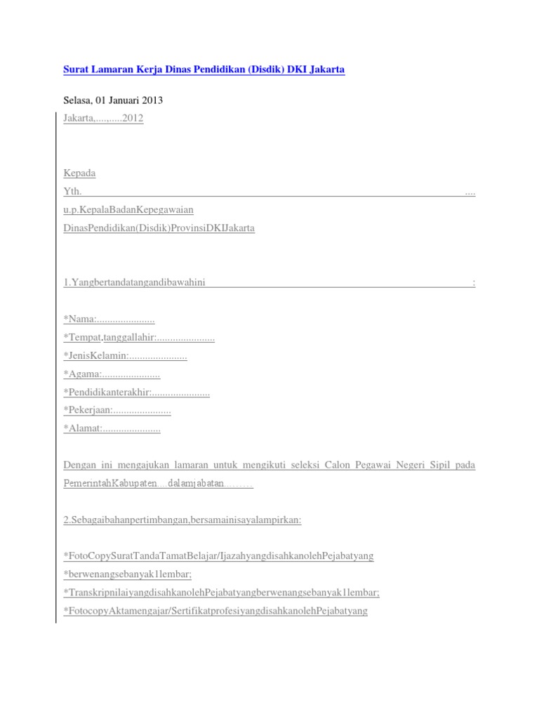 Surat Lamaran Kerja Dinas Pendidikan
