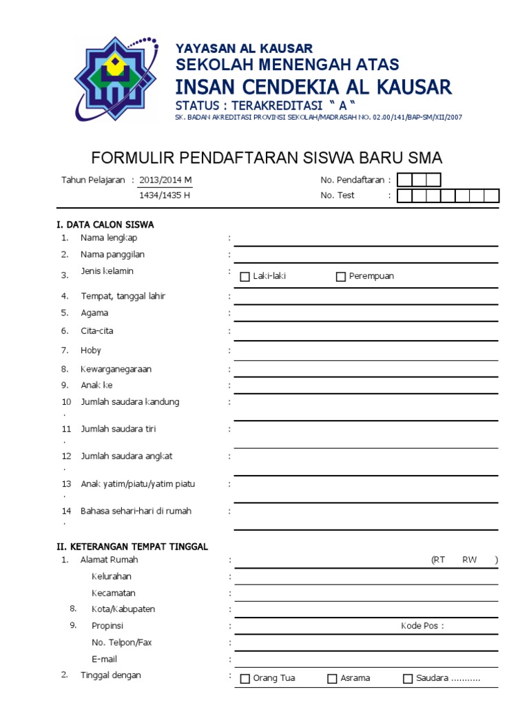 Formulir Pendaftaran SMA Formulir Pendaftaran SMA