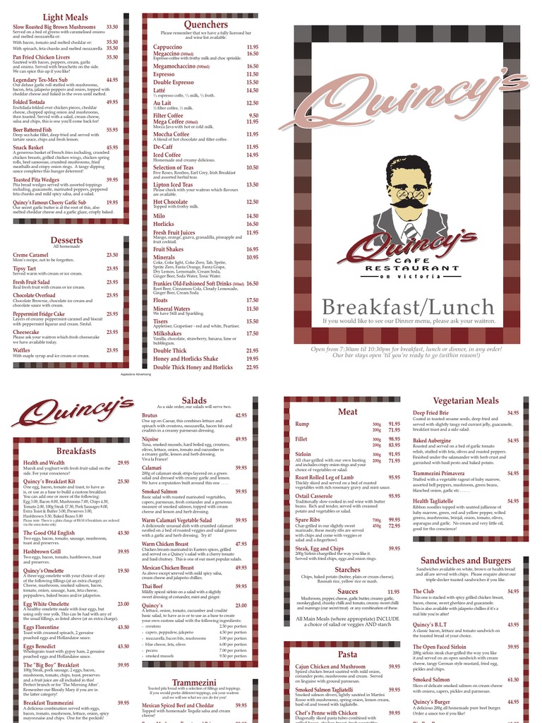 Quincy's Breakfast and Lunch Menu | Salad | Hamburgers