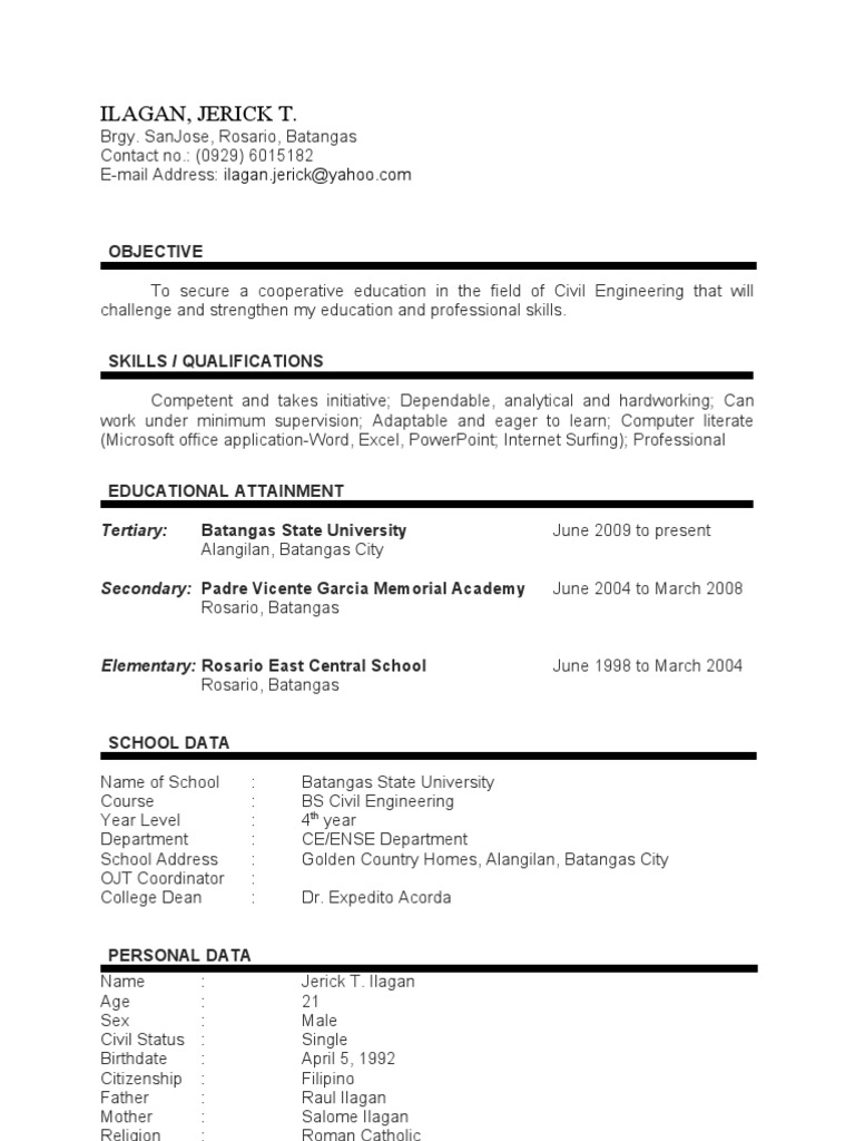 Sample resume for ojt computer engineering students