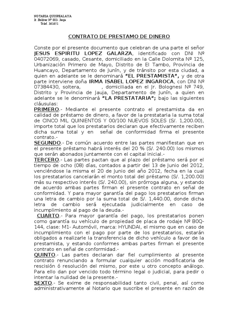Contrato de Prestamo Con Letra de Cambio