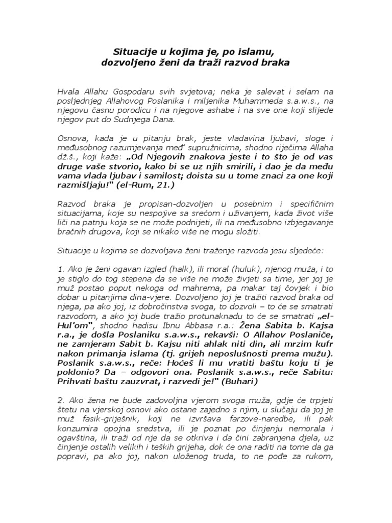 Situacije U Kojima Je Zeni Dozvoljeno Da Trazi Razvod Braka PDF