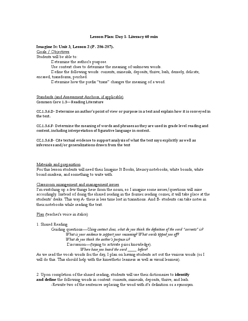 Lesson Plan - Literacy - Day 1 | PDF | Lesson Plan | Reading (Process)