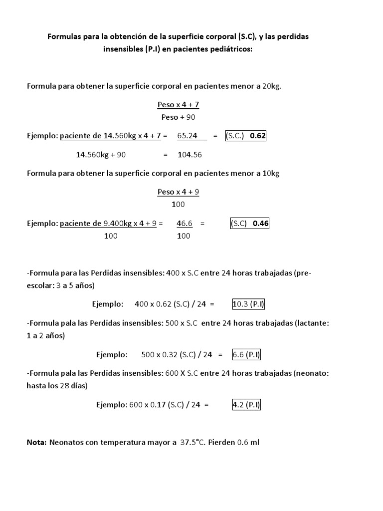 Formulas para la obtención de la superficie corporal