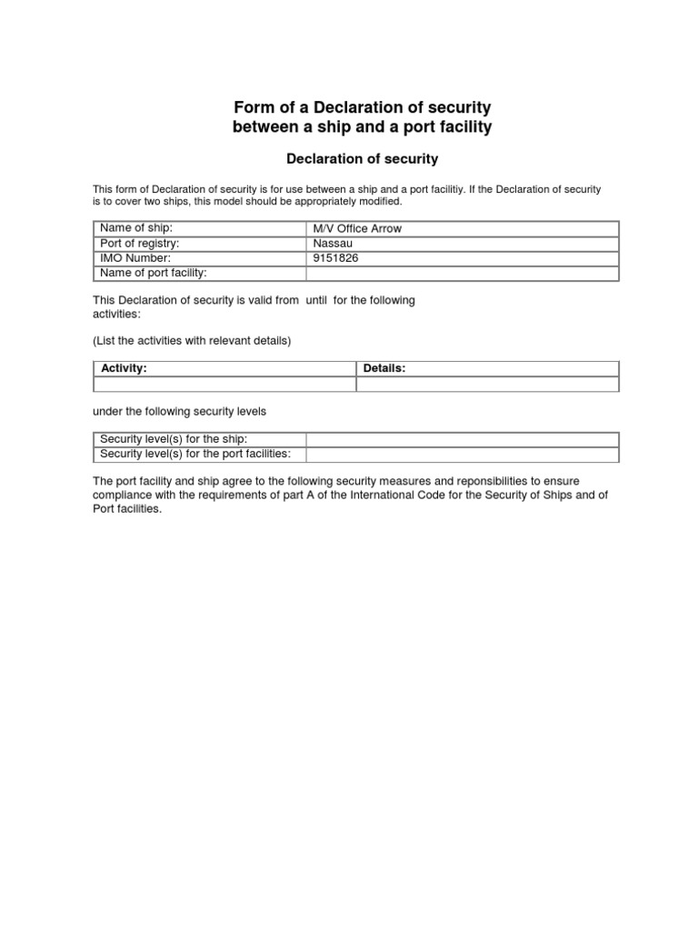 Form of A Declaration of Security Between A Ship and A Port Facility ...