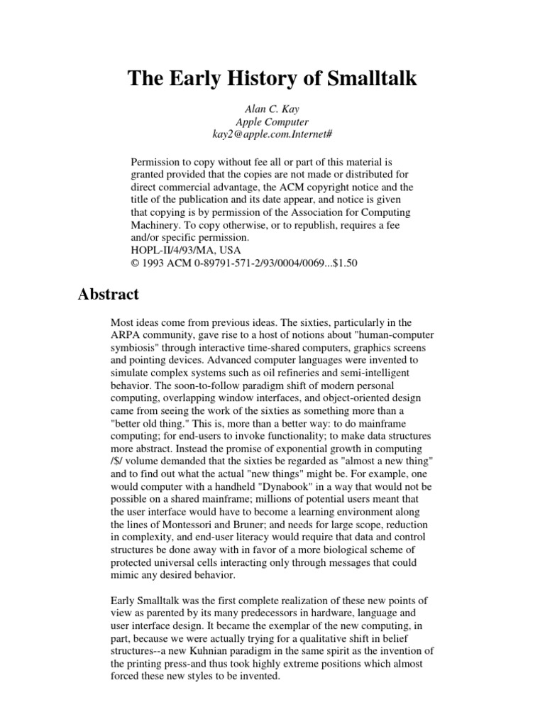 Early History SmallTalk | Object Oriented Programming | Subroutine