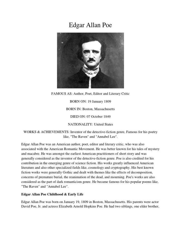 Edgar Allan Poe Childhood & Early Life PDF Edgar Allan Poe Poetry