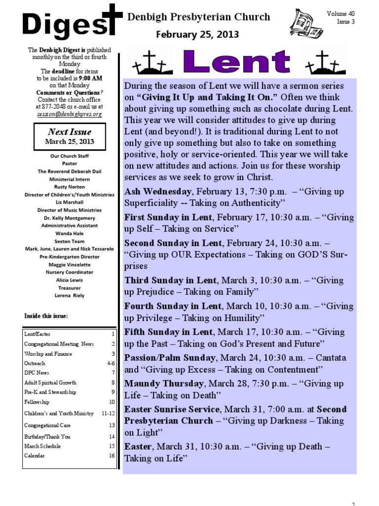 Denbigh Presbyterian Church Next Issue Download Free PDF Lent