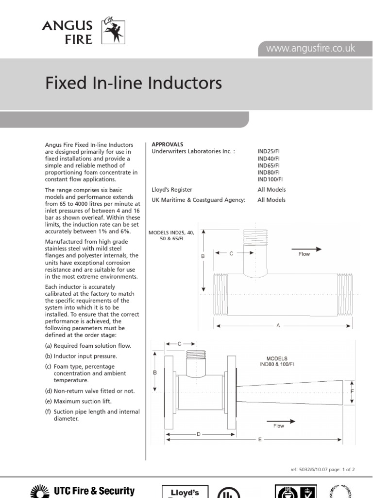 Angus Fire Fixed In-line Inductors | PDF | Pipe (Fluid Conveyance) | Valve