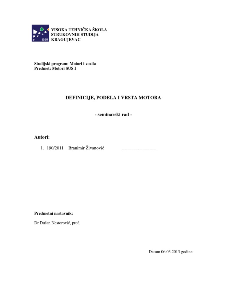 Definicije, Podela I Vrste Motora | PDF