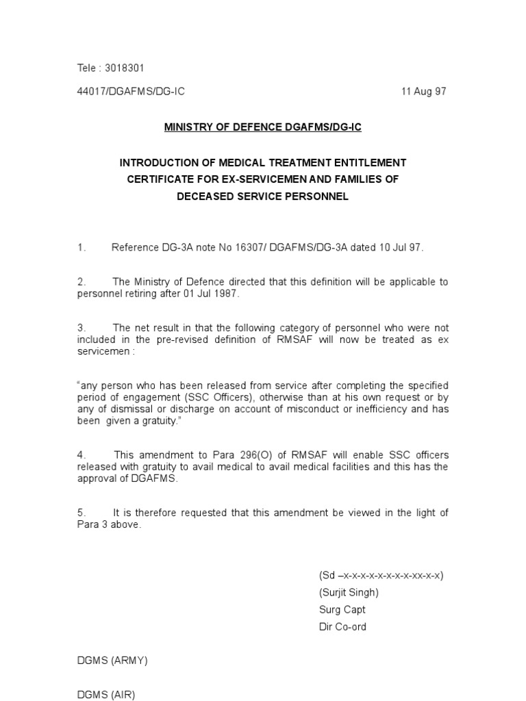 Ex-Servicemen Medical Entitlement | PDF