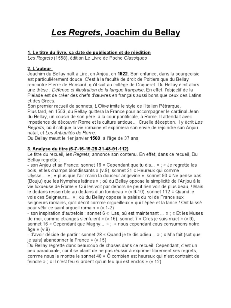 Les Regrets, Joachim Du Bellay Poésie Fiction et littérature