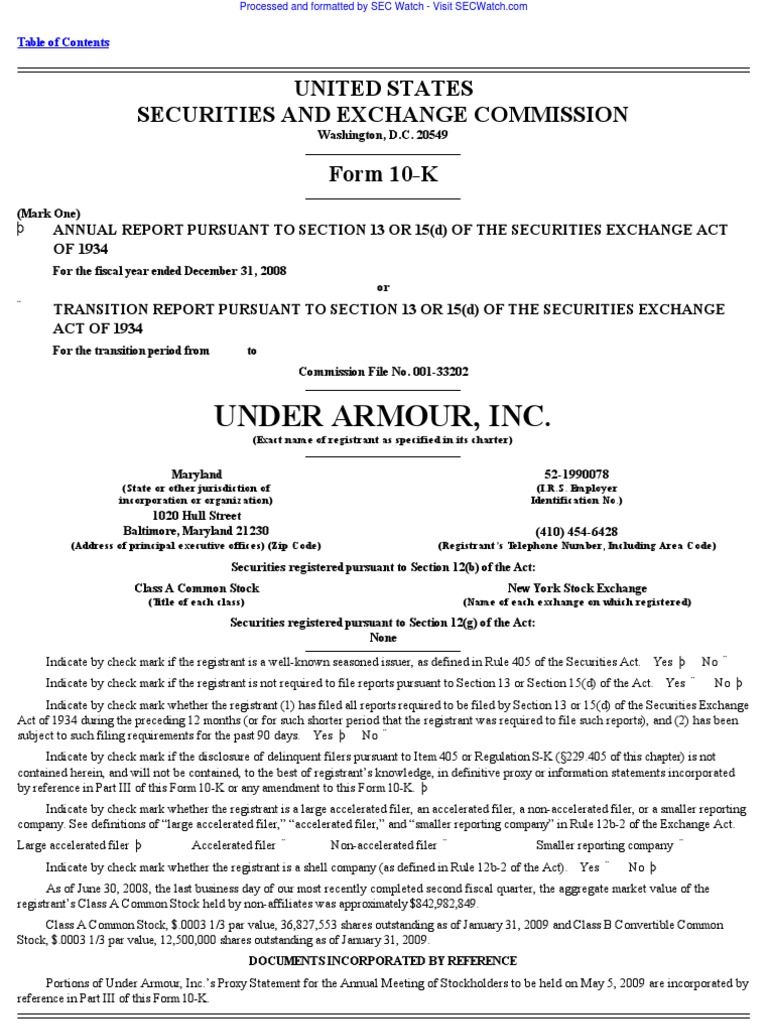 Under Armour, Inc. 10K (Annual Reports) 20090220 PDF Form 10 K