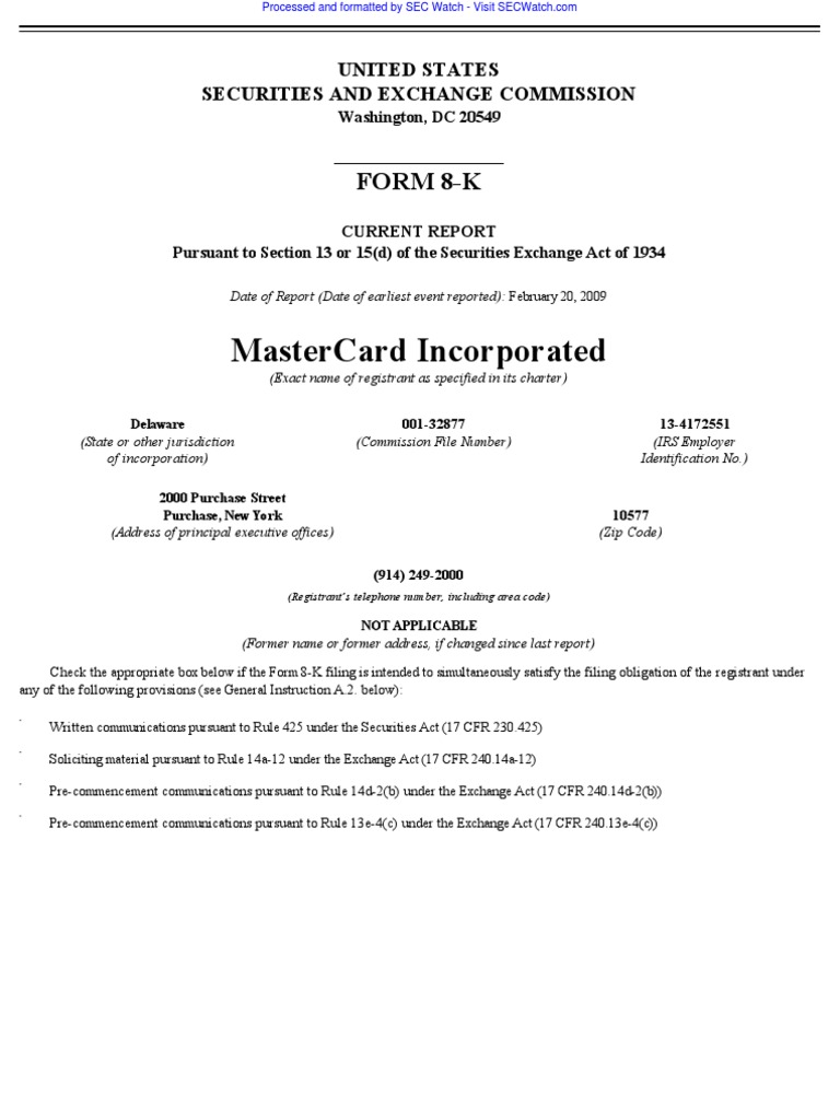 MASTERCARD INC 8-K (Events or Changes Between Quarterly Reports) 2009 ...