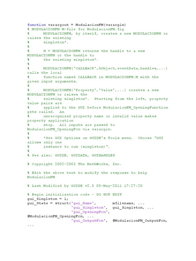 Function: Varargout Modulacionfm (Varargin) | PDF | Matlab | Subroutine