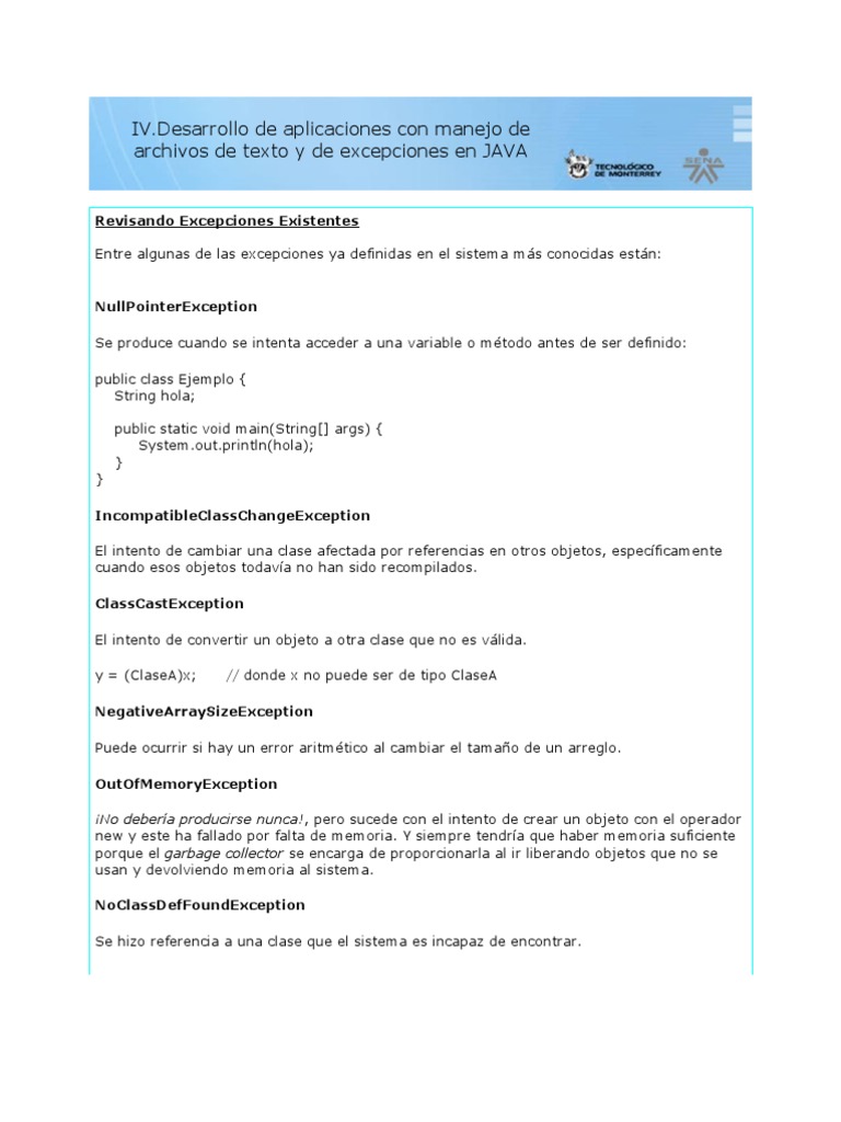 Excepciones Comunes en Java y Manejo | PDF | Plataforma Java | Objeto ...