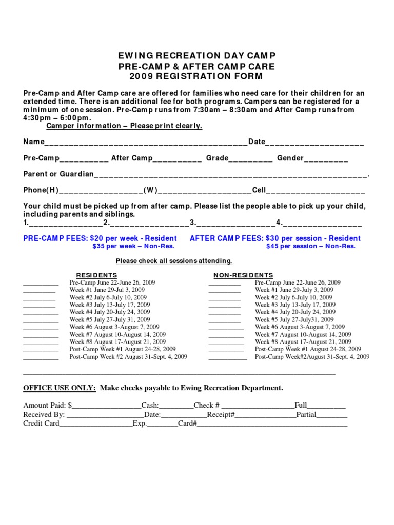 Ewing Recreation Camp Registration Form | PDF | Government | Business