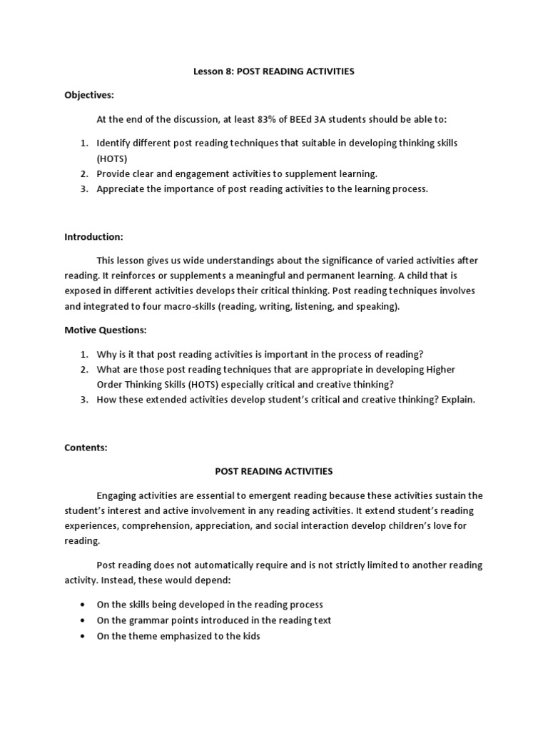 Lesson 8 Post Reading Activities PDF Reading Comprehension