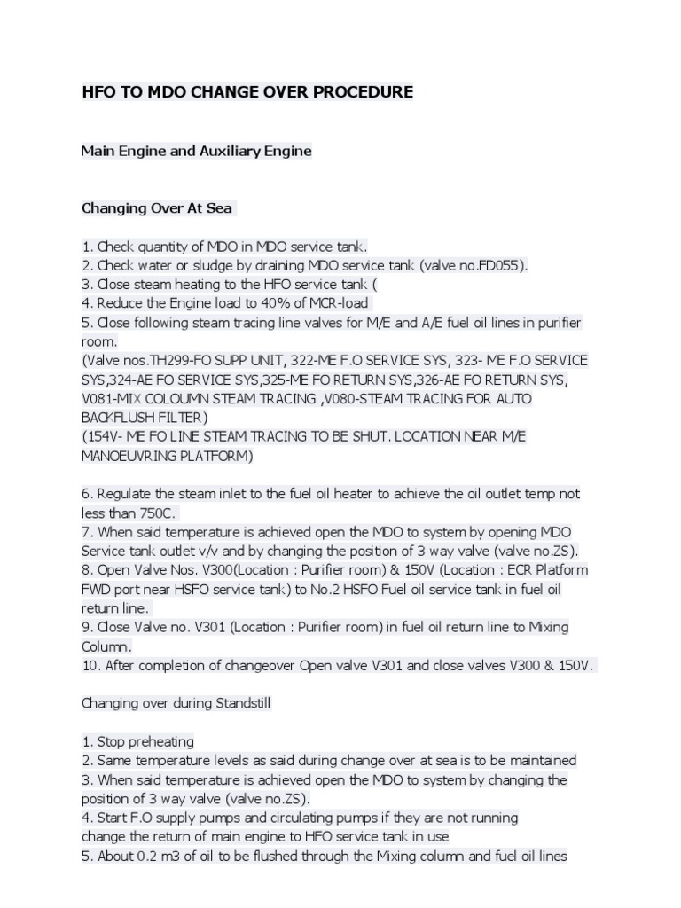 Hfo To Mdo Change Over Procedure PDF Fuel Oil Fuels
