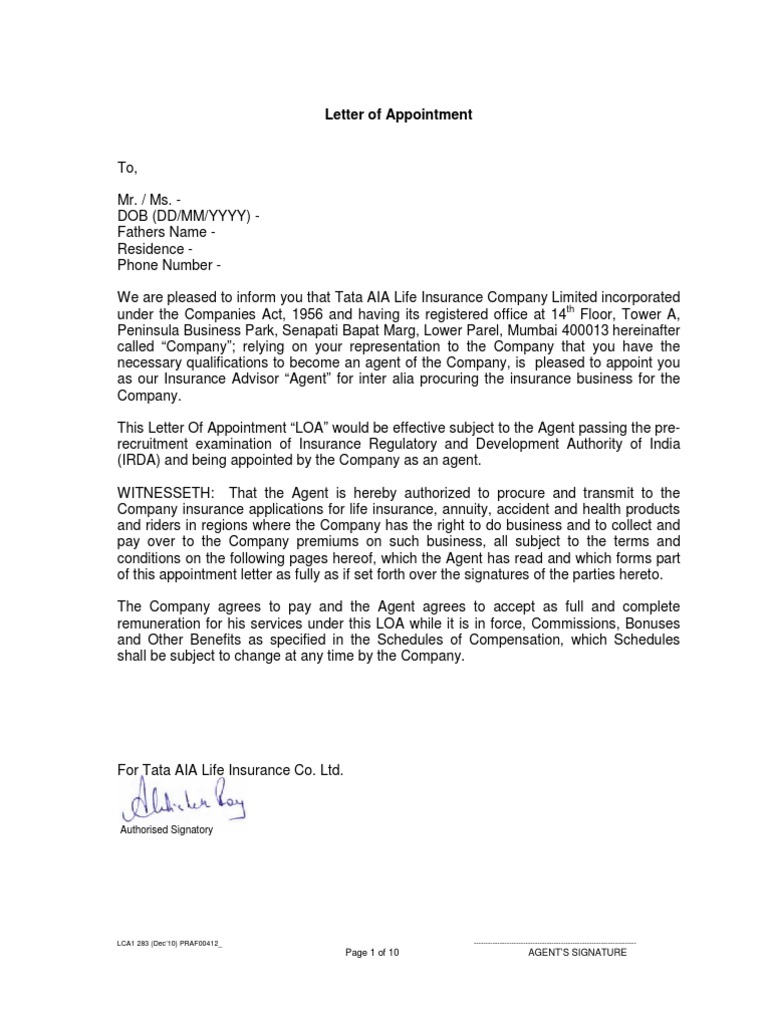 Letter of Appointment - Individual Agent - 15012013 | PDF | Law Of Agency |  Insurance, image size:768x1024