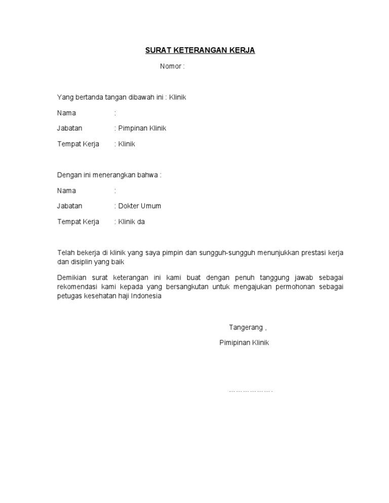 Surat Keterangan Kerja Klinik