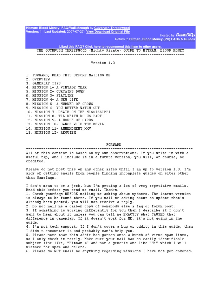 Hitman: Blood Money: FAQ/Walkthrough by Guybrush Threepwood Version: 1