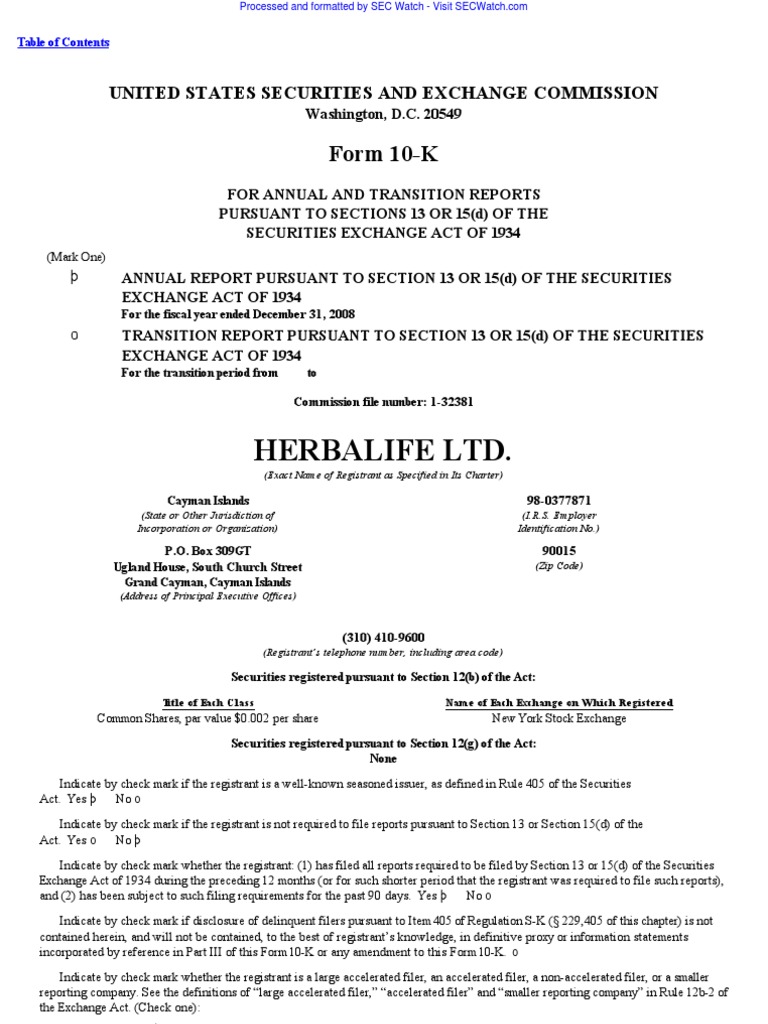 HERBALIFE LTD. 10K (Annual Reports) 20090224 Form 10 K Dietary