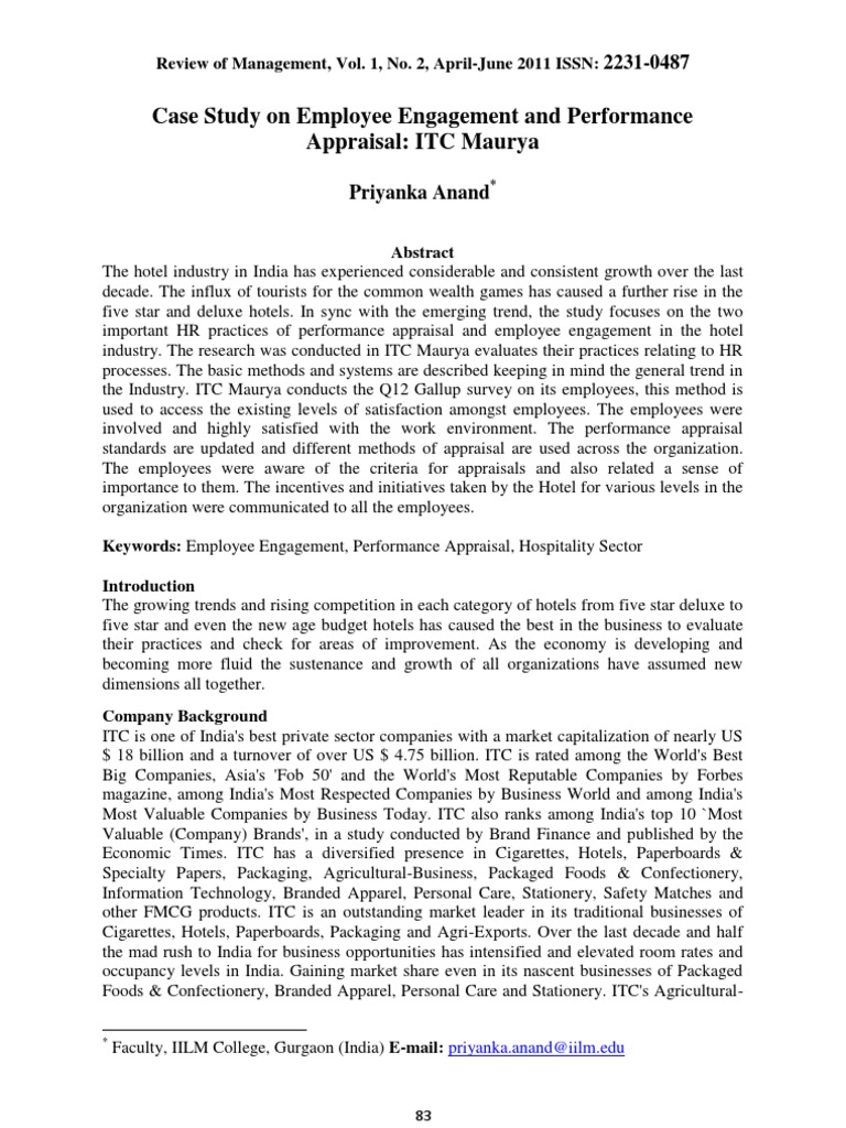 Case Study On Employee Engagement and Performance Appraisal ITC Maurya