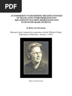 An Experiment To Determine The Effectiveness of Translating Word Problems Into Equations in Teaching Problem-Solving To Seventh Grade Students