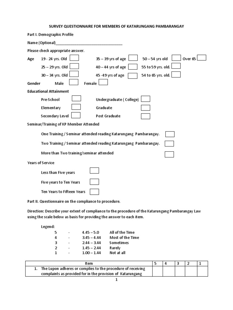 Katarungang Pambarangay Survey Questionnaire | PDF