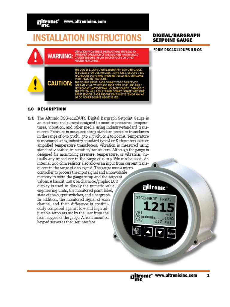 Altronic DSG1611DUPS Gauge Install. Oper. Instructions (FORM